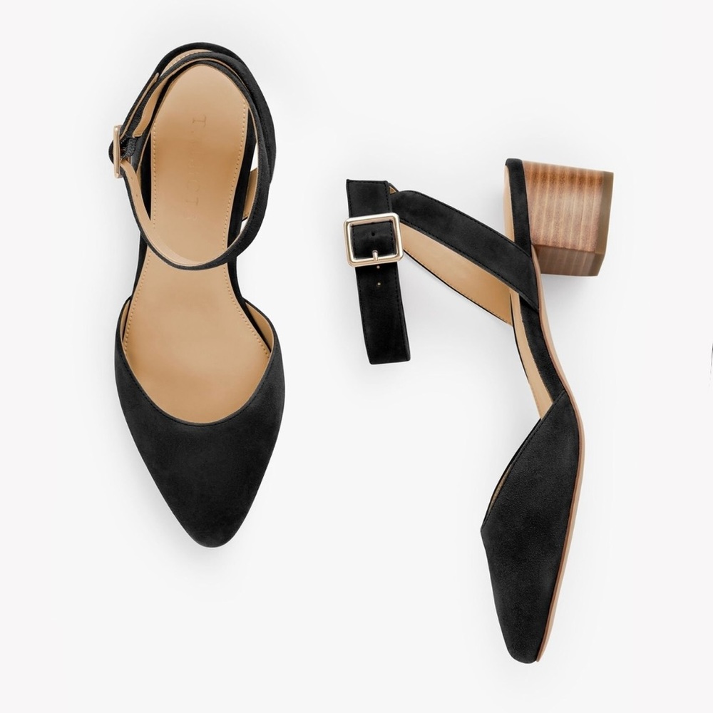 TALBOTS 10.5 NEW Laney Black Suede Ankle Strap Almond Toe Block Heels